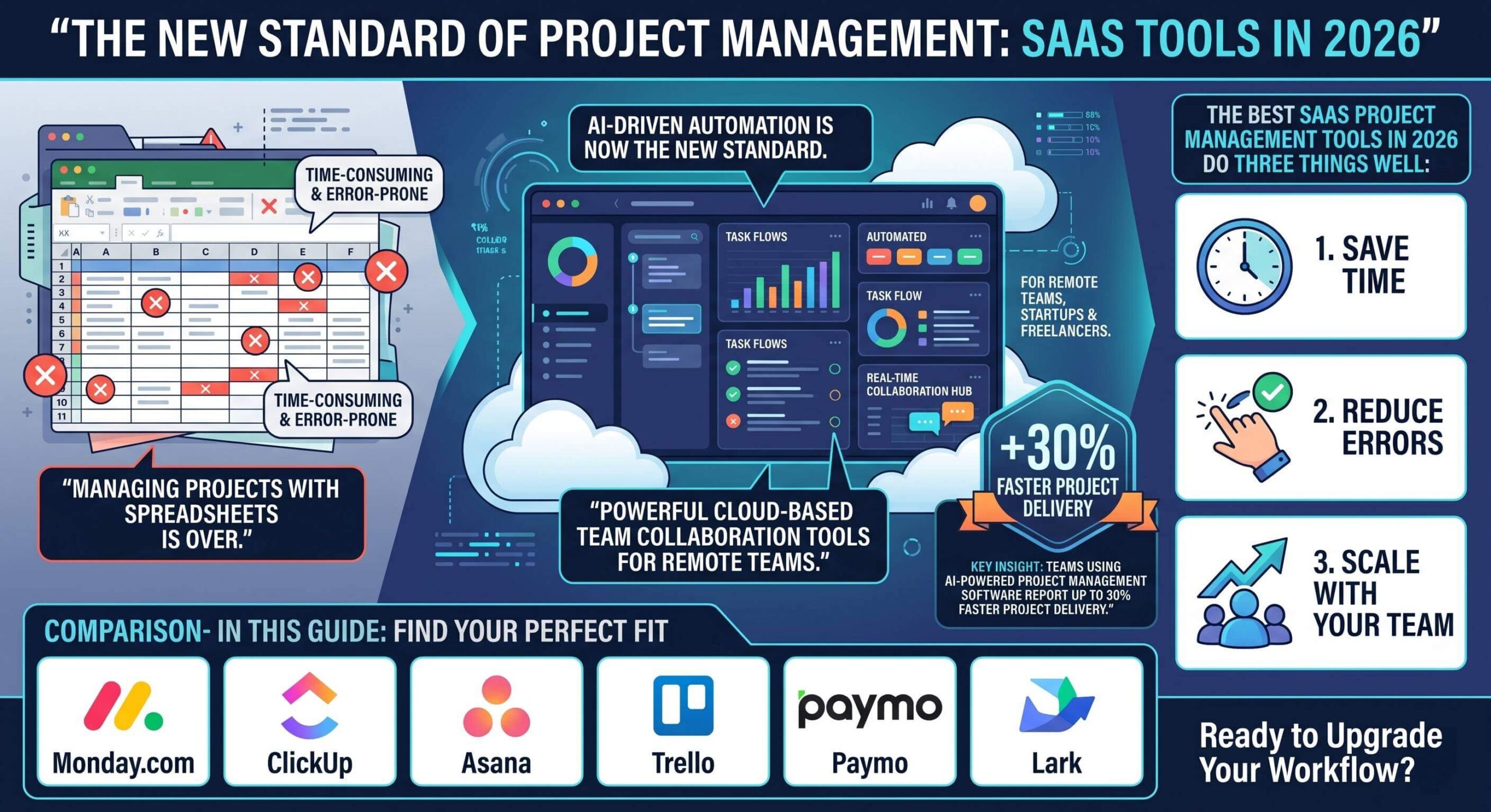 An infographic comparing outdated spreadsheet project management with modern 2026 SaaS tools like Monday.com, ClickUp, Asana, and Trello, highlighting AI-driven automation and faster project delivery for remote teams.