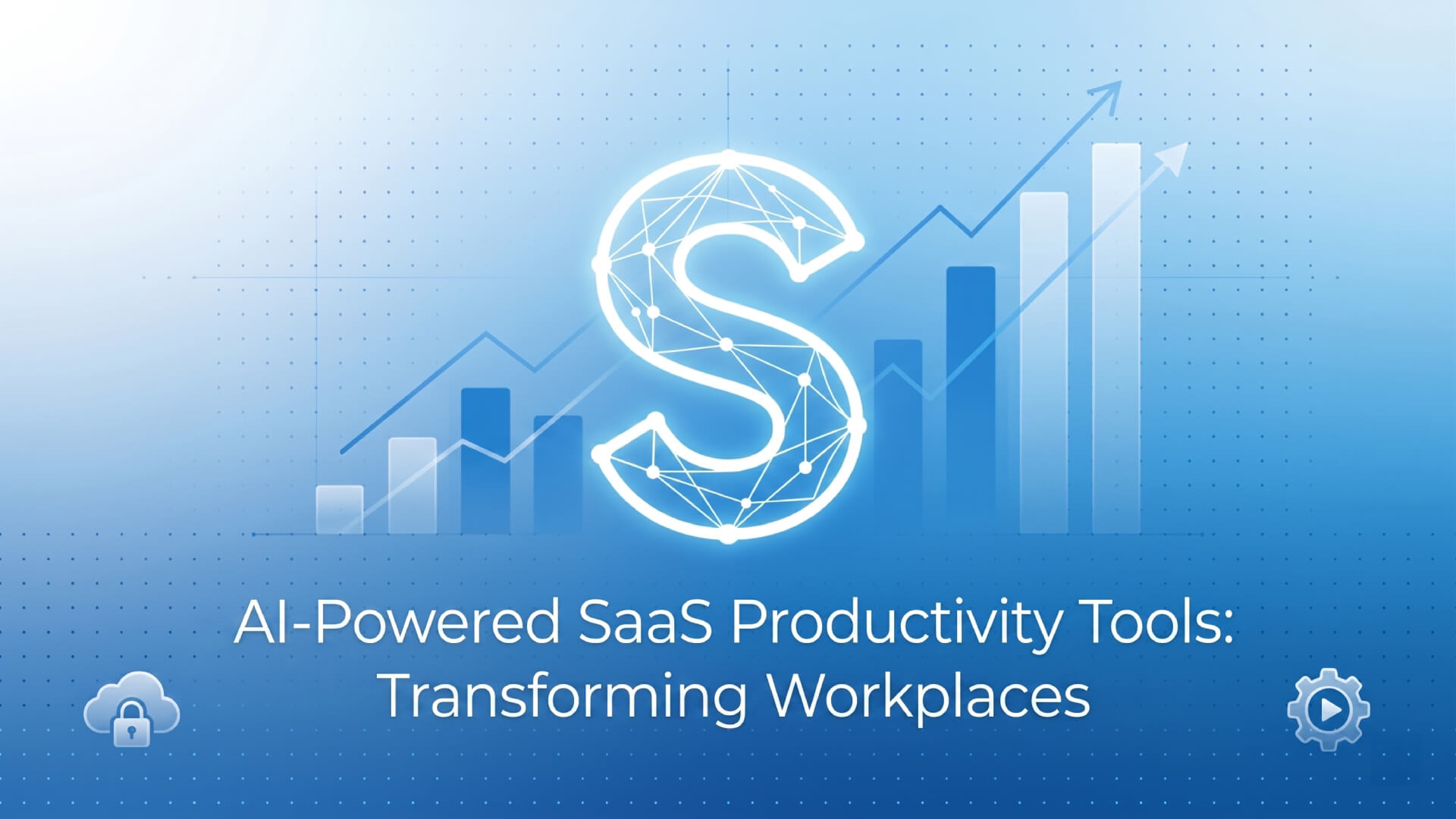 A modern blue tech-style graphic featuring a glowing letter S, upward-trending data charts, and the text 'AI-Powered SaaS Productivity Tools: Transforming Workplaces'.
