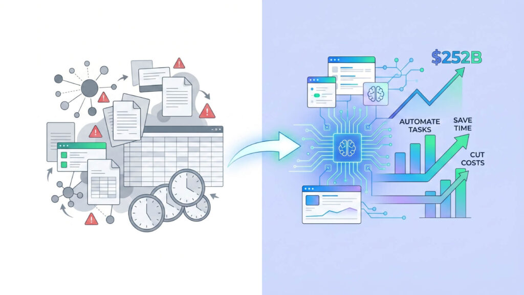 A side-by-side comparison showing traditional manual workflows with messy files on the left, transitioning to modern AI-powered SaaS productivity tools on the right that automate tasks, cut costs, and drive $252 billion in economic growth.