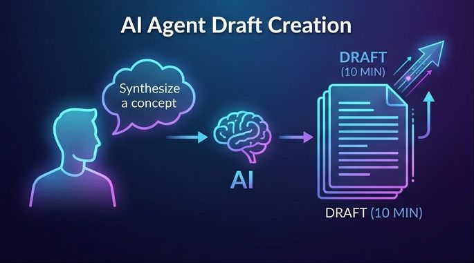 Visual diagram of an AI autonomous agent generating a content draft in 10 minutes based on a concept.