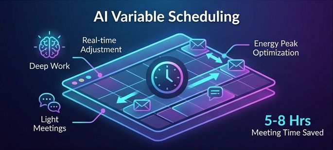Futuristic digital calendar showing AI variable scheduling optimizing deep work blocks and light meetings to save 5 to 8 hours weekly.