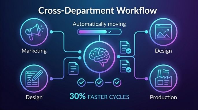 Infographic of zero-touch automated workflow aligning marketing, design, and production departments to speed up cycles by 30%.